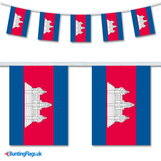 Cambodia country flag bunting hanging in a length, along with a close-up view showcasing the flag's design.