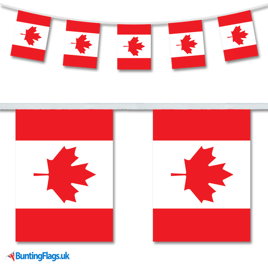 Canada country flag bunting hanging in a length, along with a close-up view showcasing the flag's design.