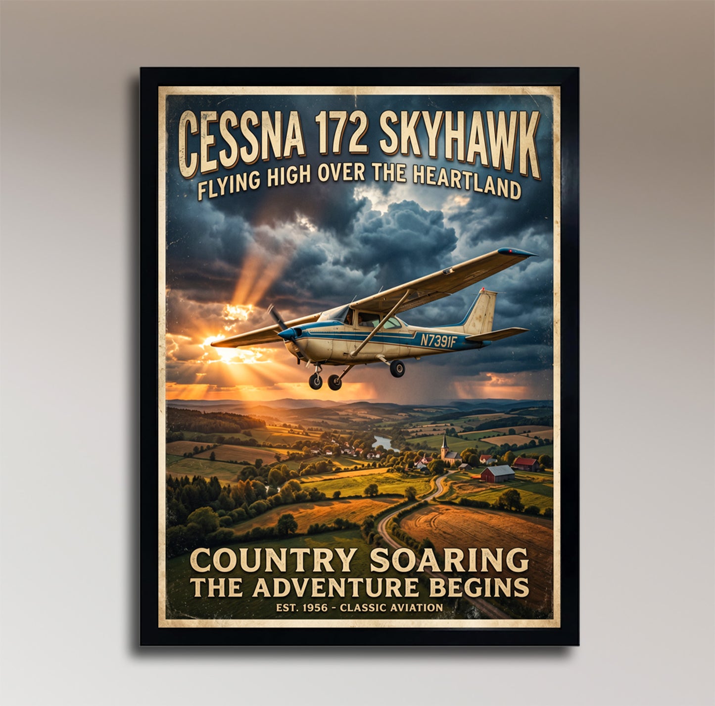 Cessna 172 Skyhawk – Flying High Over the Heartland – Vintage Aviation Poster