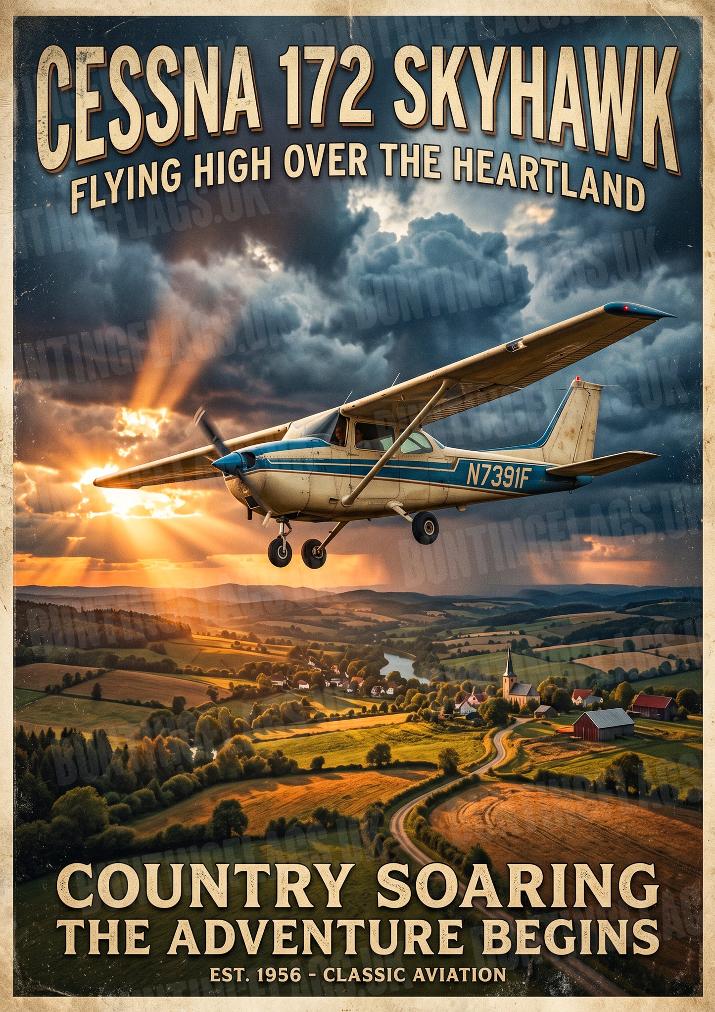 Cessna 172 Skyhawk – Flying High Over the Heartland – Vintage Aviation Poster