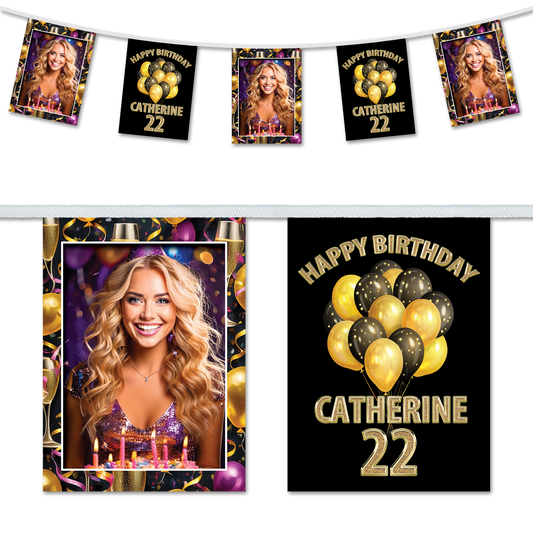 Personalised Birthday Party Bunting Decoration - Champagne & Balloons