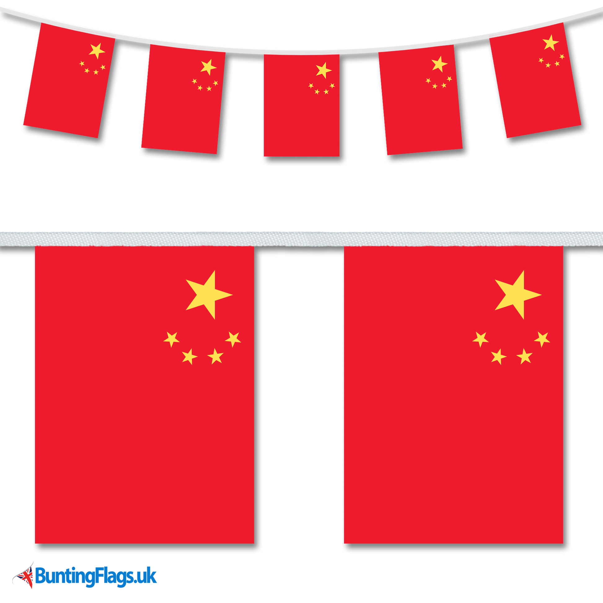 China country flag bunting hanging in a length, along with a close-up view showcasing the flag's design.