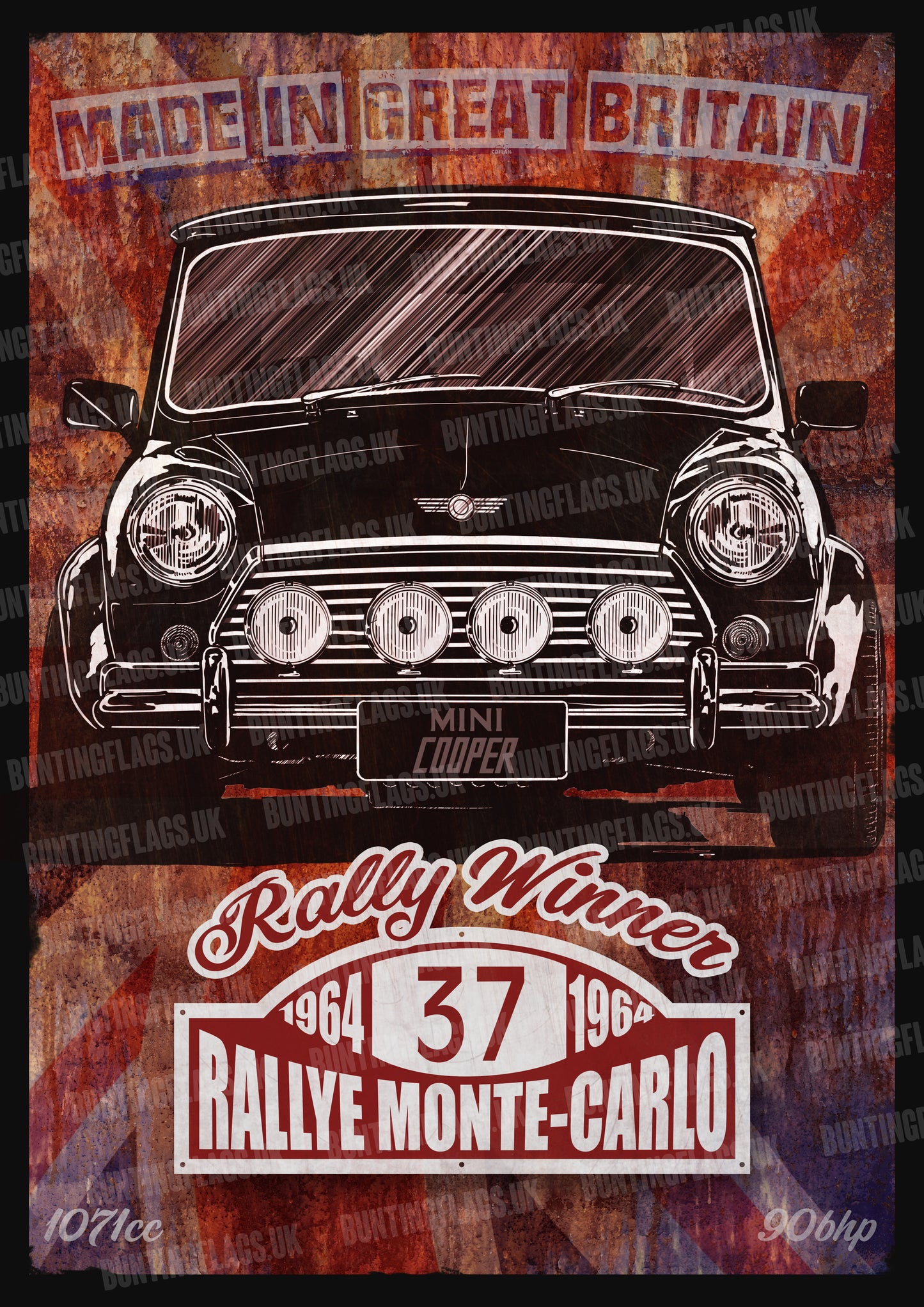 Vintage-style A3 poster of a Mini Cooper with rally text on a textured background deal for your man cave, office or living room. Makes a great gift