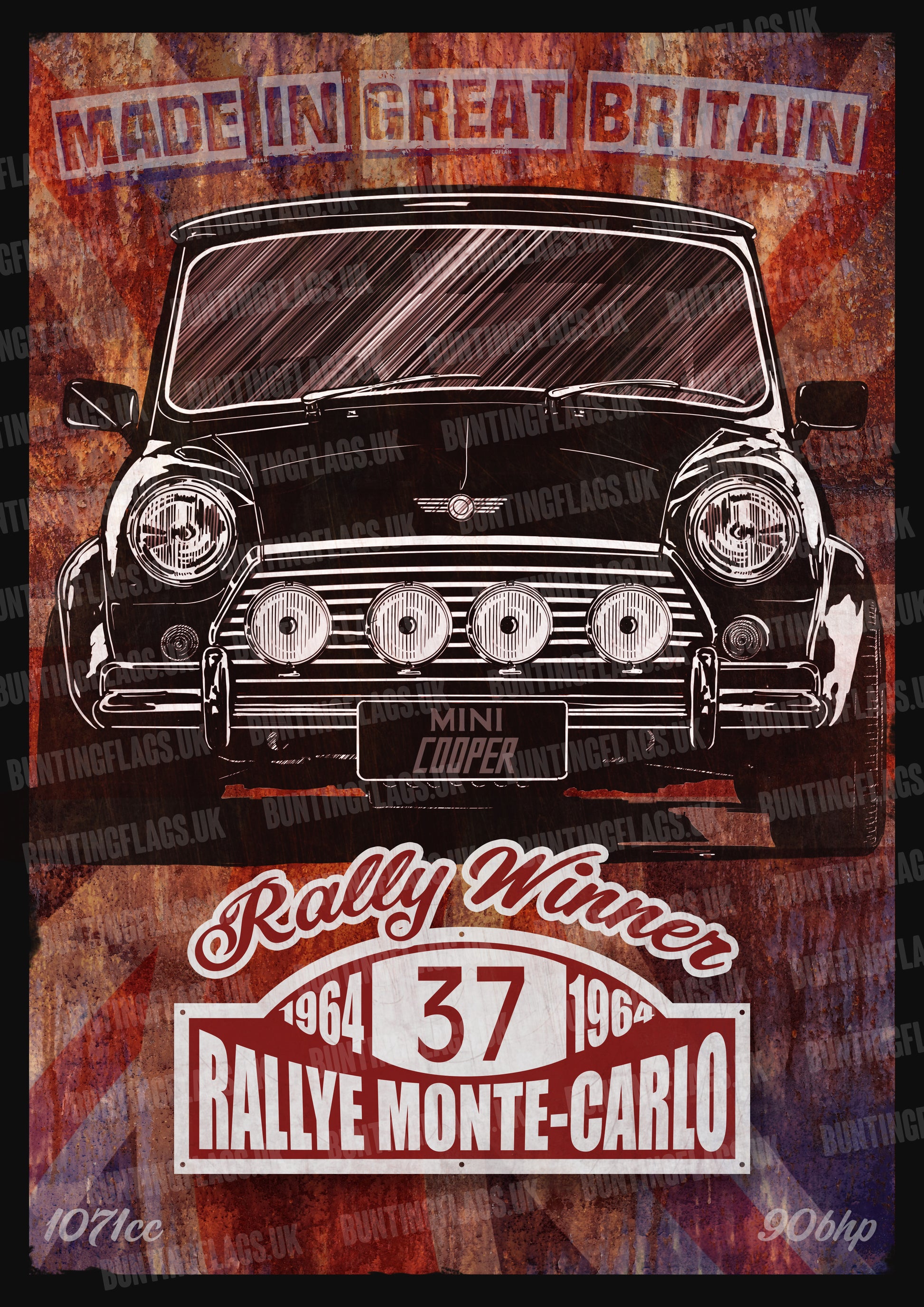 Vintage-style A3 poster of a Mini Cooper with rally text on a textured background deal for your man cave, office or living room. Makes a great gift