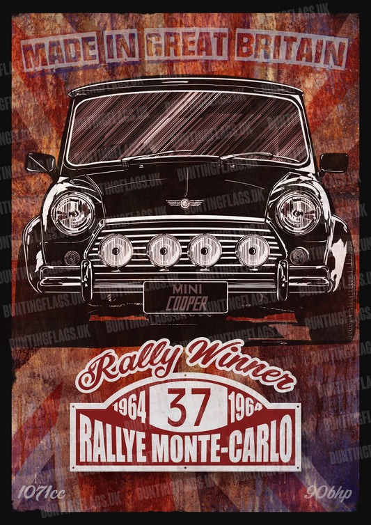 Vintage-style A3 poster of a Mini Cooper with rally text on a textured background deal for your man cave, office or living room. Makes a great gift