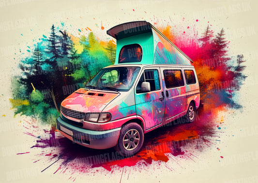 T4 Volkswagen camper van wall art poster with abstract paint splatter forest vibes