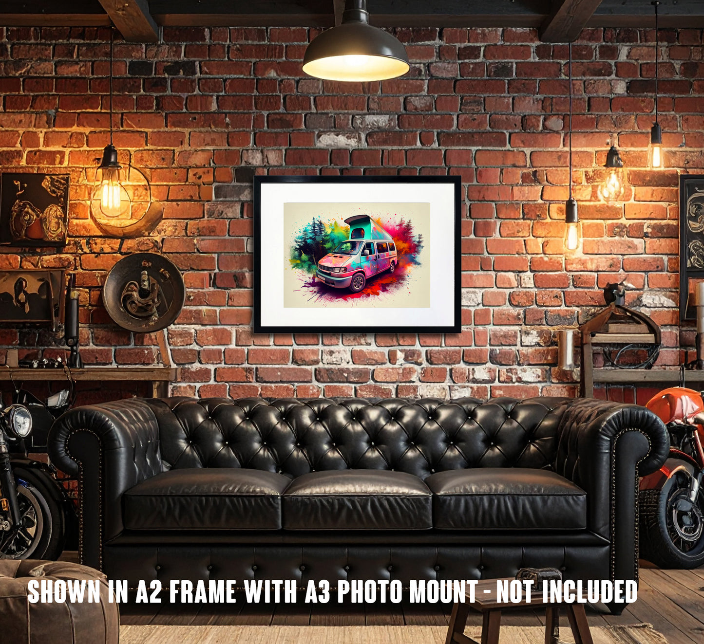 T4 Volkswagen camper van wall art poster with abstract paint splatter