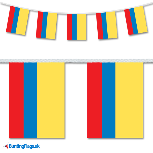 Colombia country flag bunting hanging in a length, along with a close-up view showcasing the flag's design.