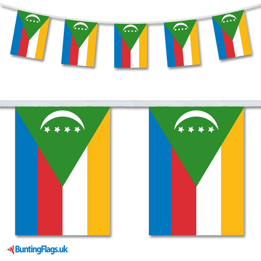 Comoros country flag bunting hanging in a length, along with a close-up view showcasing the flag's design.