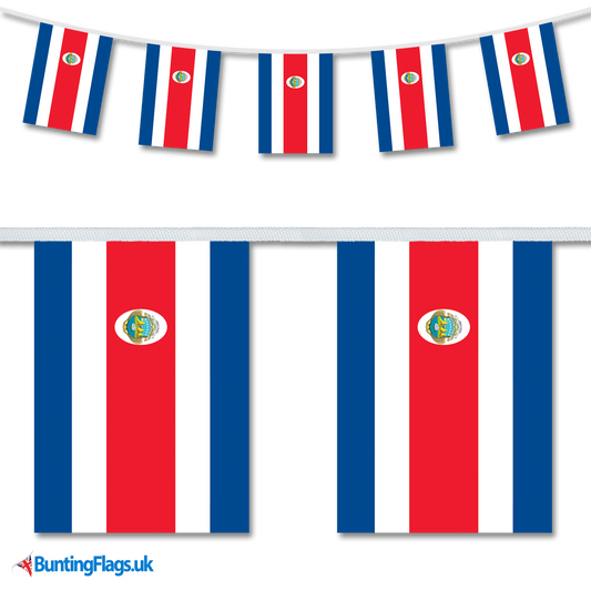 Costa Rica country flag bunting hanging in a length, along with a close-up view showcasing the flag's design.
