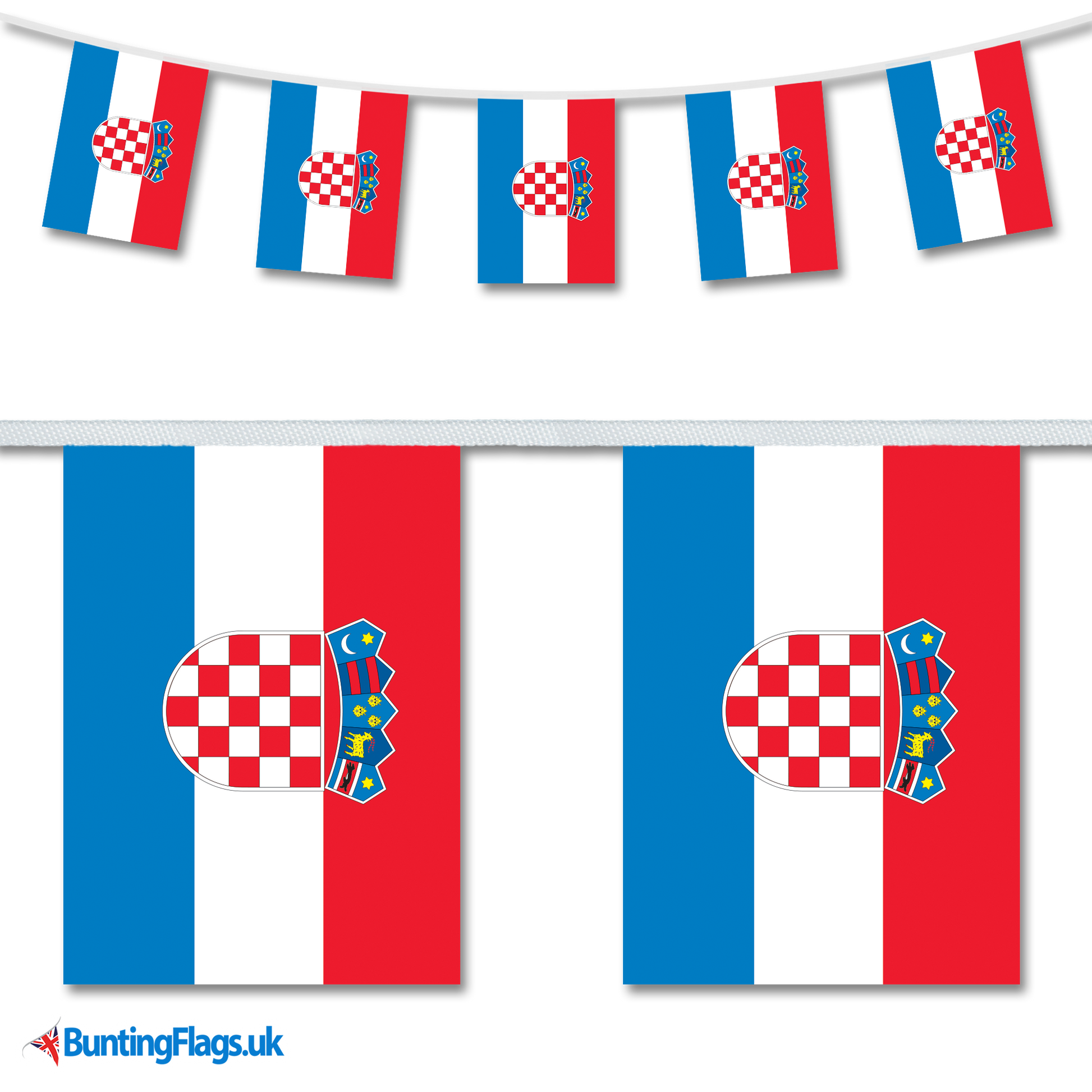Croatia country flag bunting hanging in a length, along with a close-up view showcasing the flag's design.