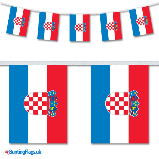 Croatia country flag bunting hanging in a length, along with a close-up view showcasing the flag's design.