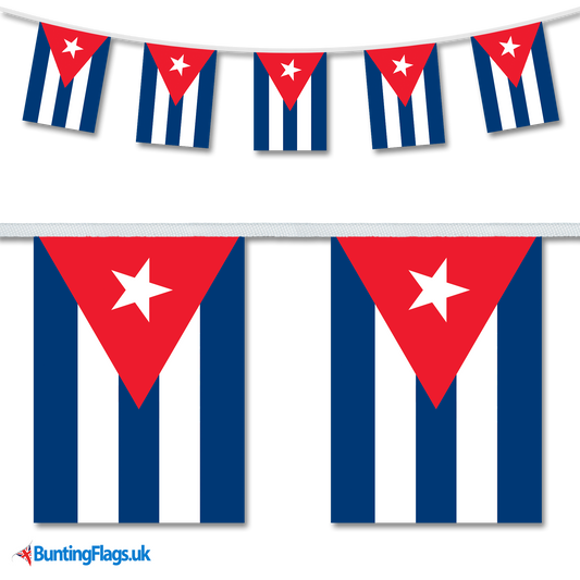 Cuba country flag bunting hanging in a length, along with a close-up view showcasing the flag's design.