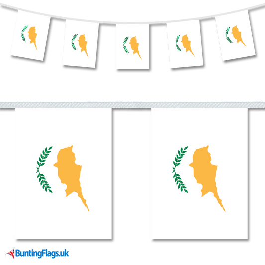 Cyprus country flag bunting hanging in a length, along with a close-up view showcasing the flag's design.