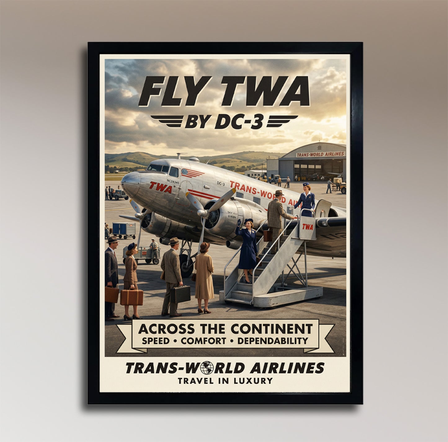 Fly TWA by DC-3 – Trans World Airlines – Vintage Travel Poster