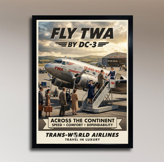 Fly TWA by DC-3 – Trans World Airlines – Vintage Travel Poster