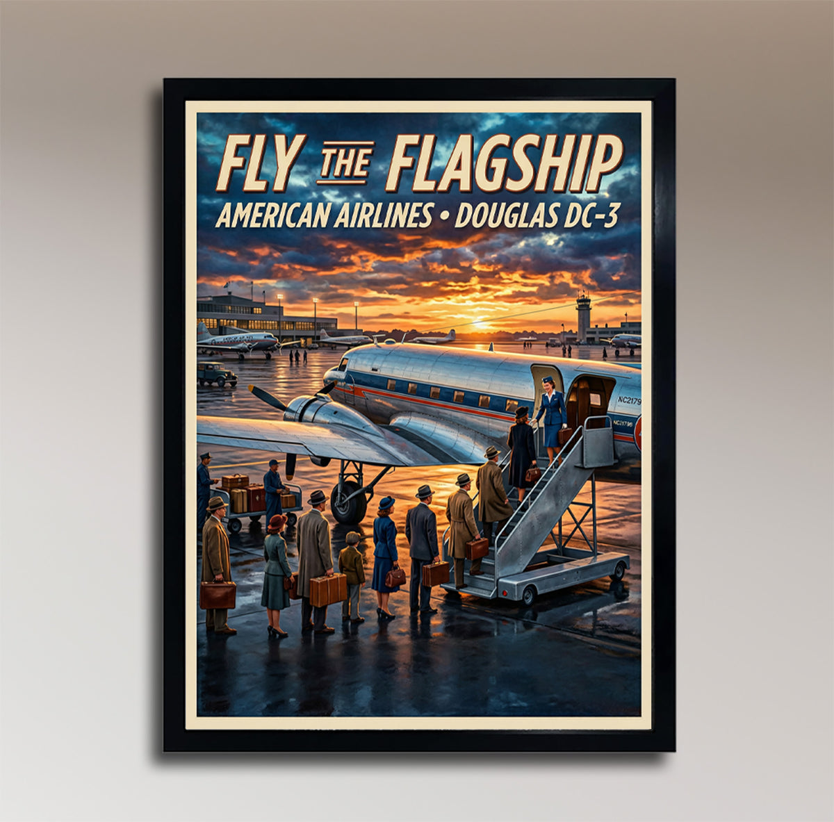 Fly the Flagship – American Airlines DC-3 – Vintage Travel Poster