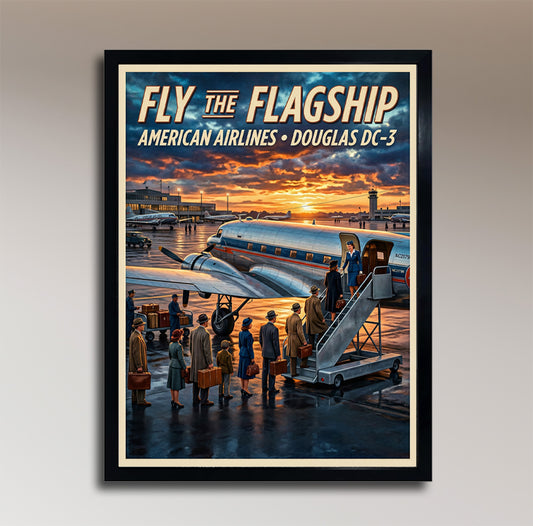 Fly the Flagship – American Airlines DC-3 – Vintage Travel Poster