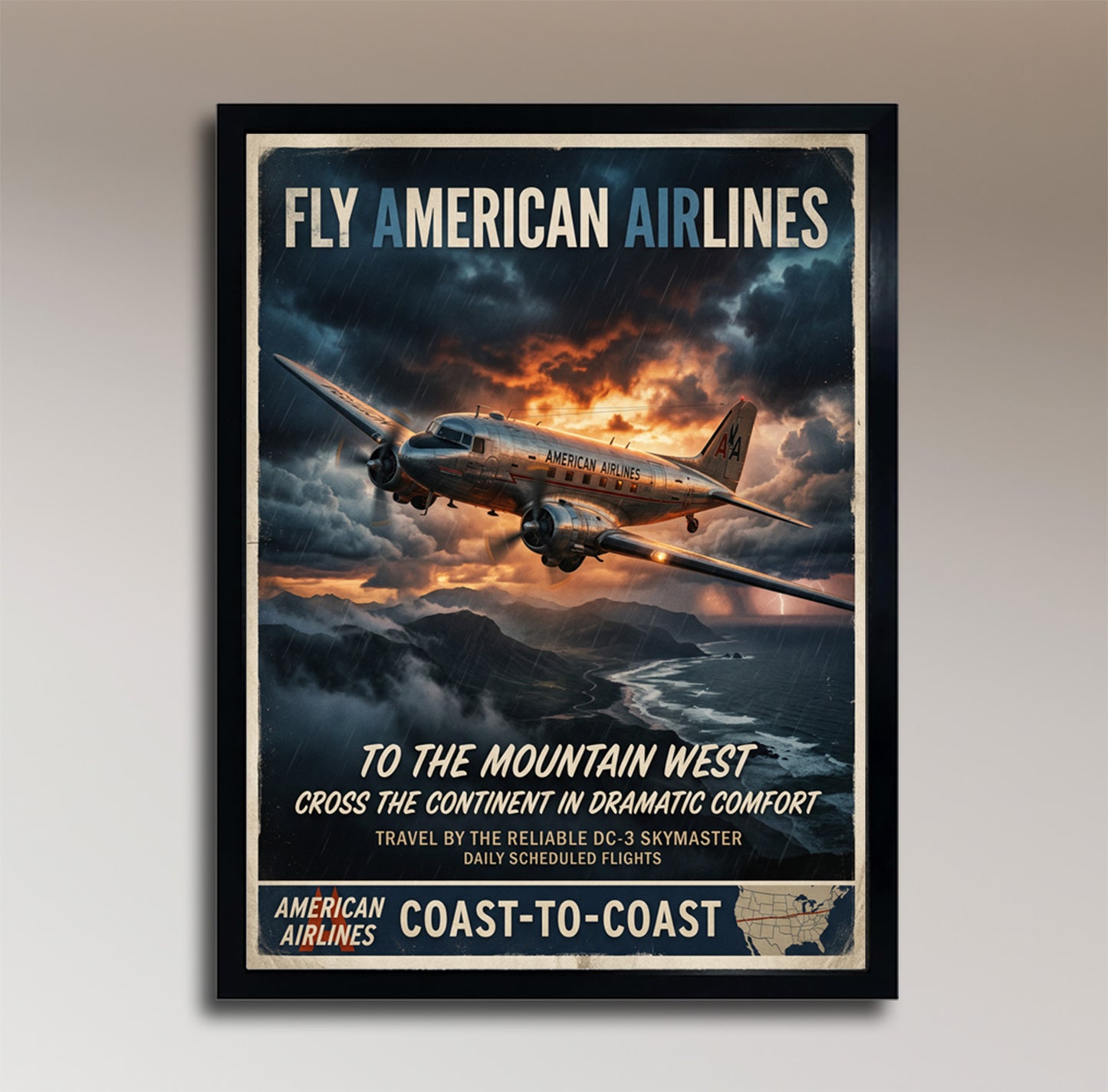 Fly American Airlines – To the Mountain West – Vintage DC-3 Poster