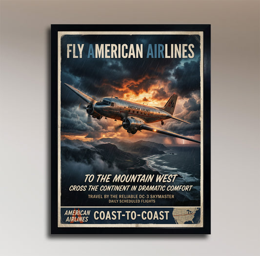 Fly American Airlines – To the Mountain West – Vintage DC-3 Poster