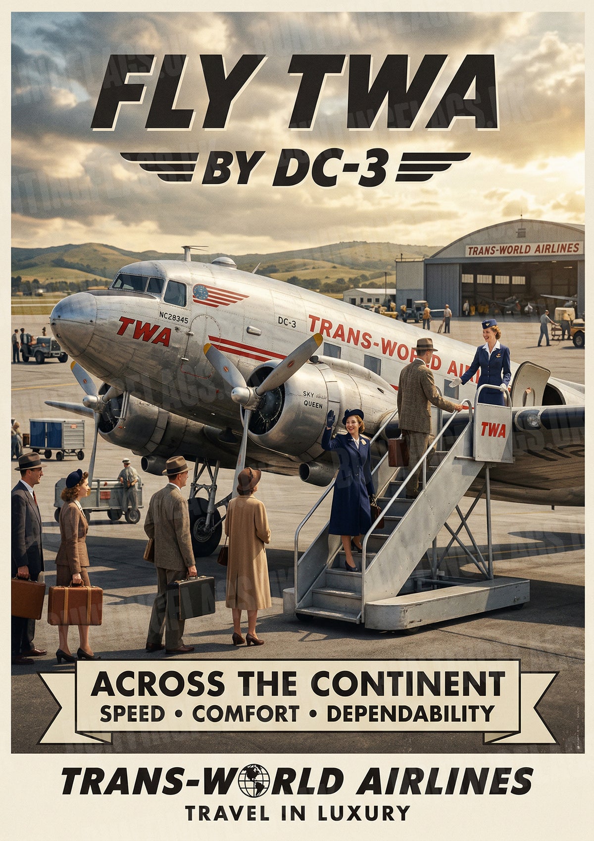 Fly TWA by DC-3 – Trans World Airlines – Vintage Travel Poster