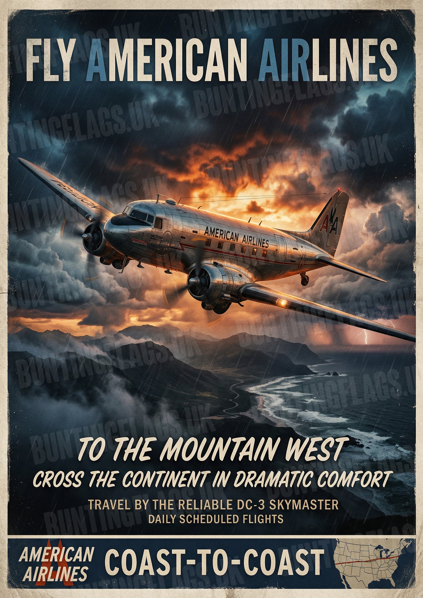 Fly American Airlines – To the Mountain West – Vintage DC-3 Poster