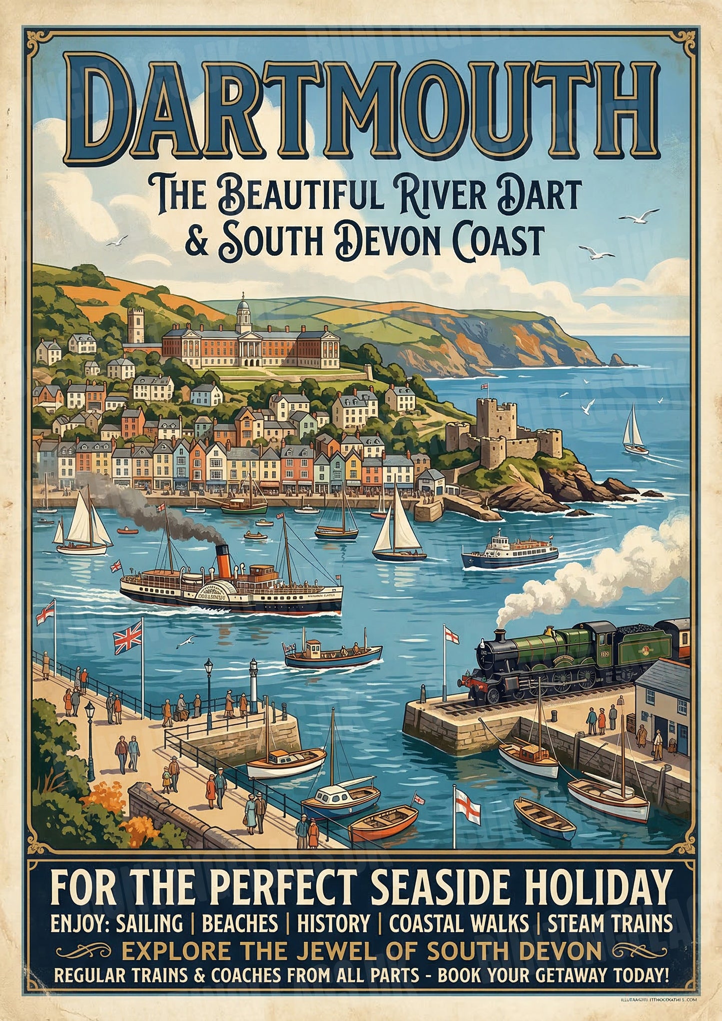Dartmouth – The Beautiful River Dart & South Devon Coast – Vintage Travel Poster