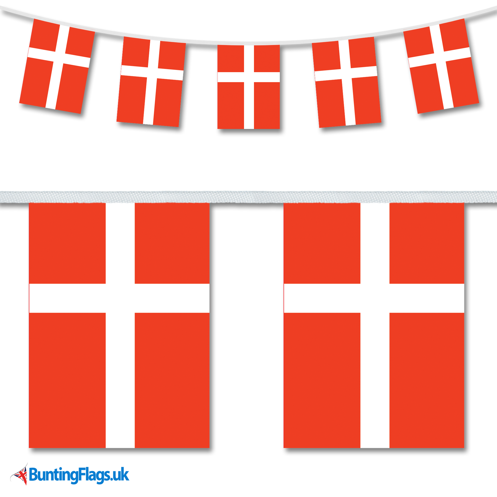 Denmark country flag bunting hanging in a length, along with a close-up view showcasing the flag's design.