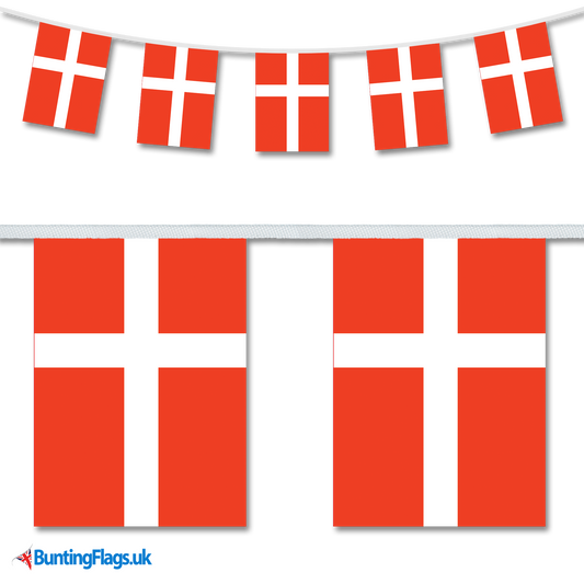 Denmark country flag bunting hanging in a length, along with a close-up view showcasing the flag's design.
