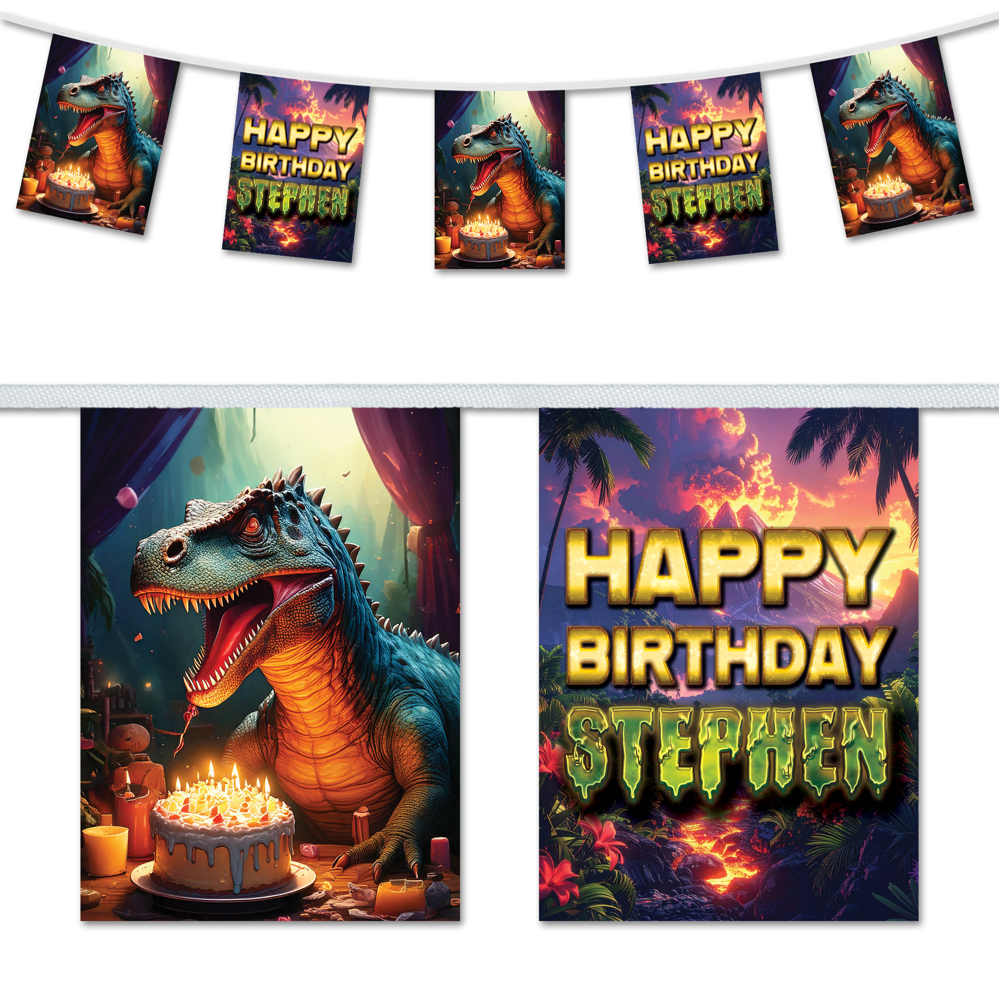 Dinosaur and volcano themed personalised birthday bunting