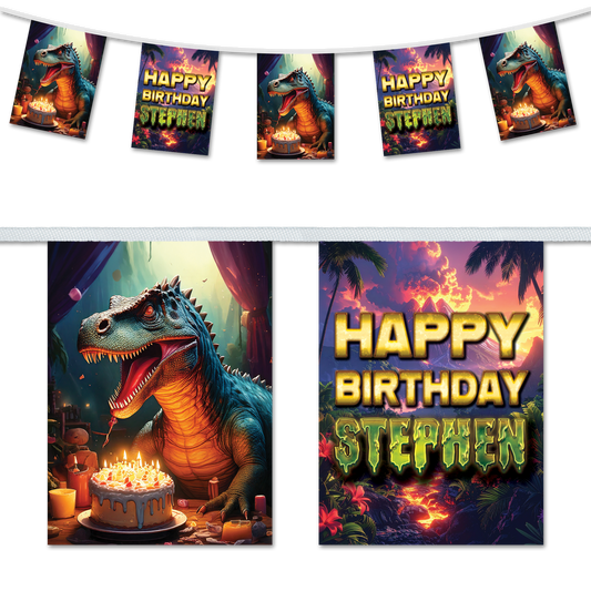 Dinosaur and volcano themed personalised birthday bunting
