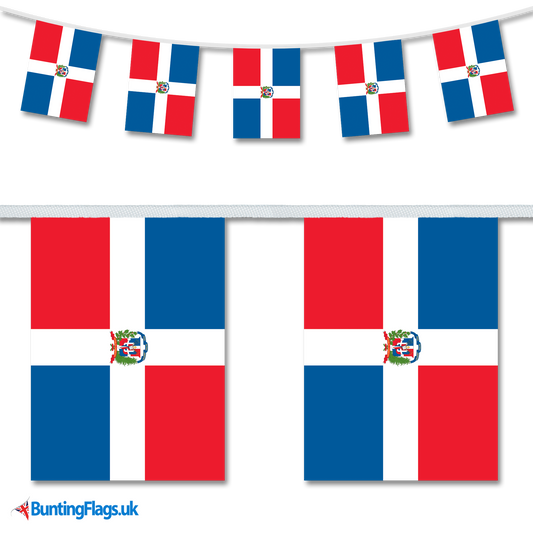 Dominican Republic country flag bunting hanging in a length, along with a close-up view showcasing the flag's design.