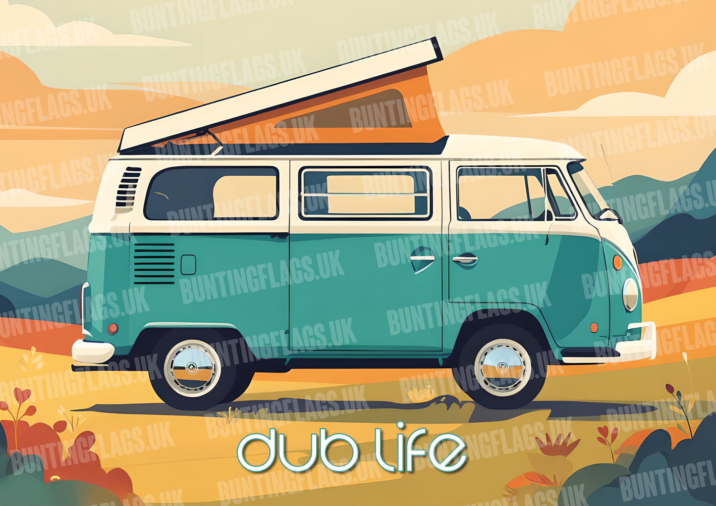 Dub Life traditional Volkswagen camper van in a retro illustrated style