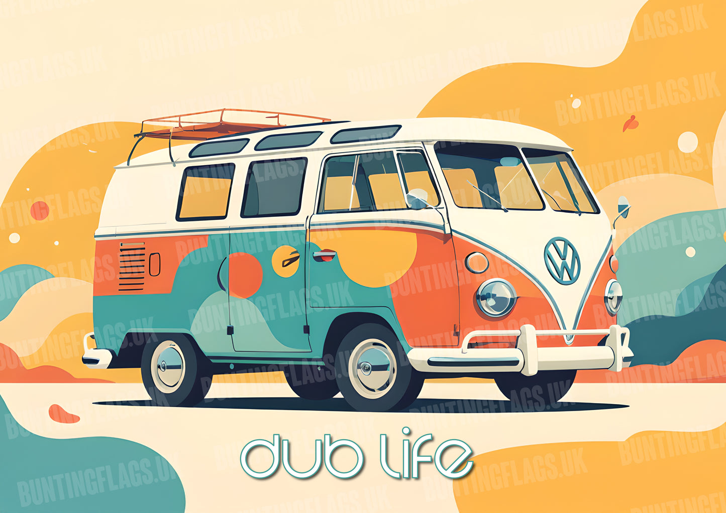 Dub Life traditional Volkswagen camper van in a retro illustrated style