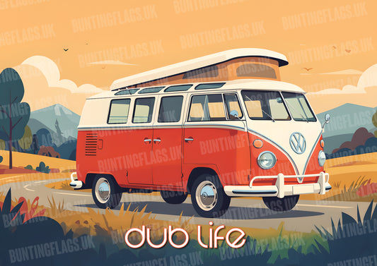 Dub Life traditional Volkswagen camper van in a retro illustrated style