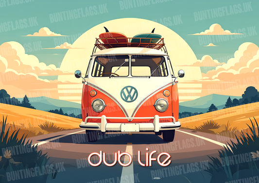 Dub Life traditional Volkswagen camper van in a retro illustrated style