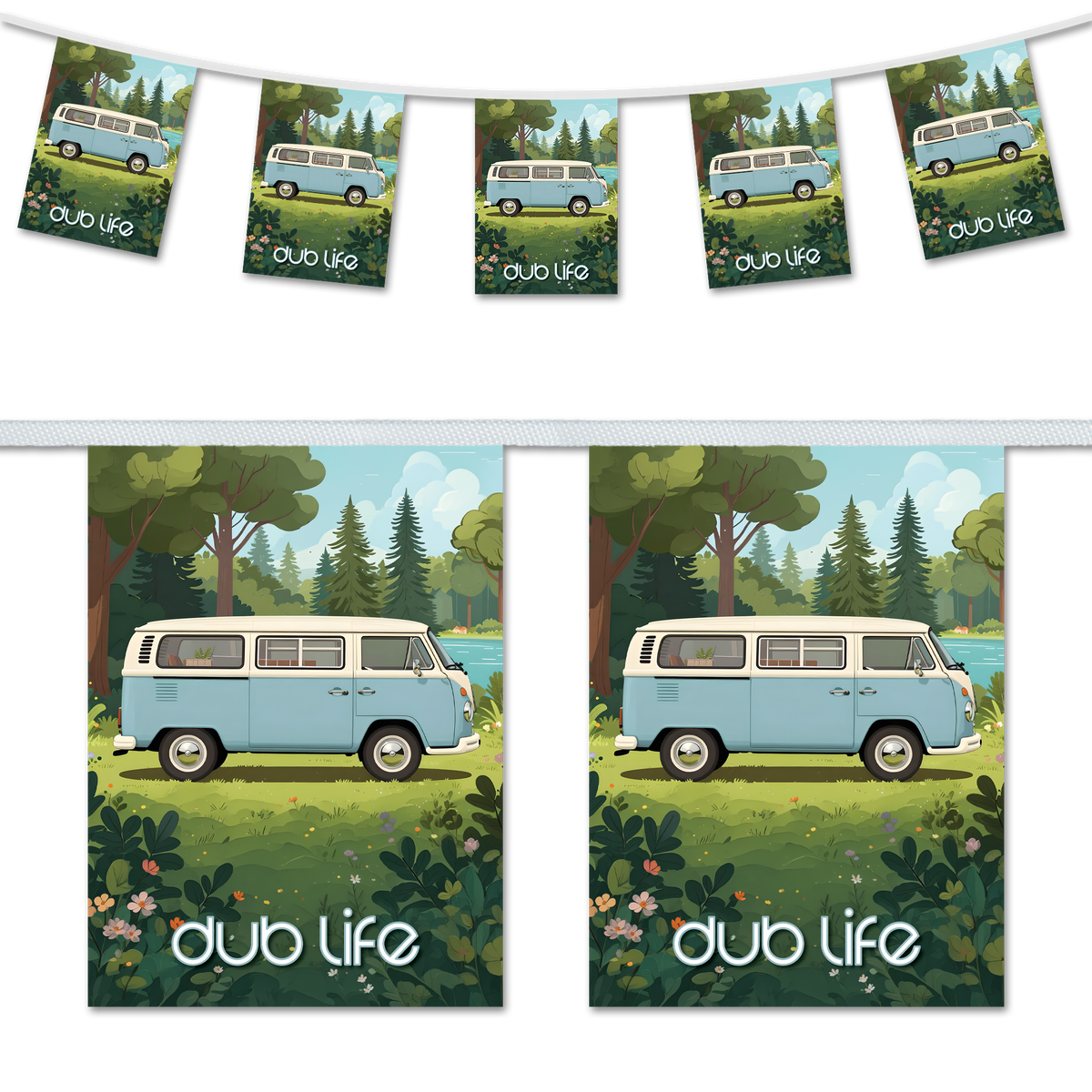 Dub Life – Light Blue VW Camper Van in the Forest – A5 Bunting