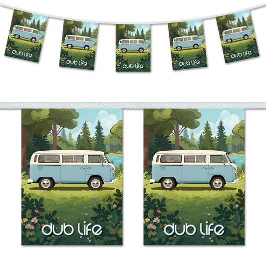 Dub Life – Light Blue VW Camper Van in the Forest – A5 Bunting