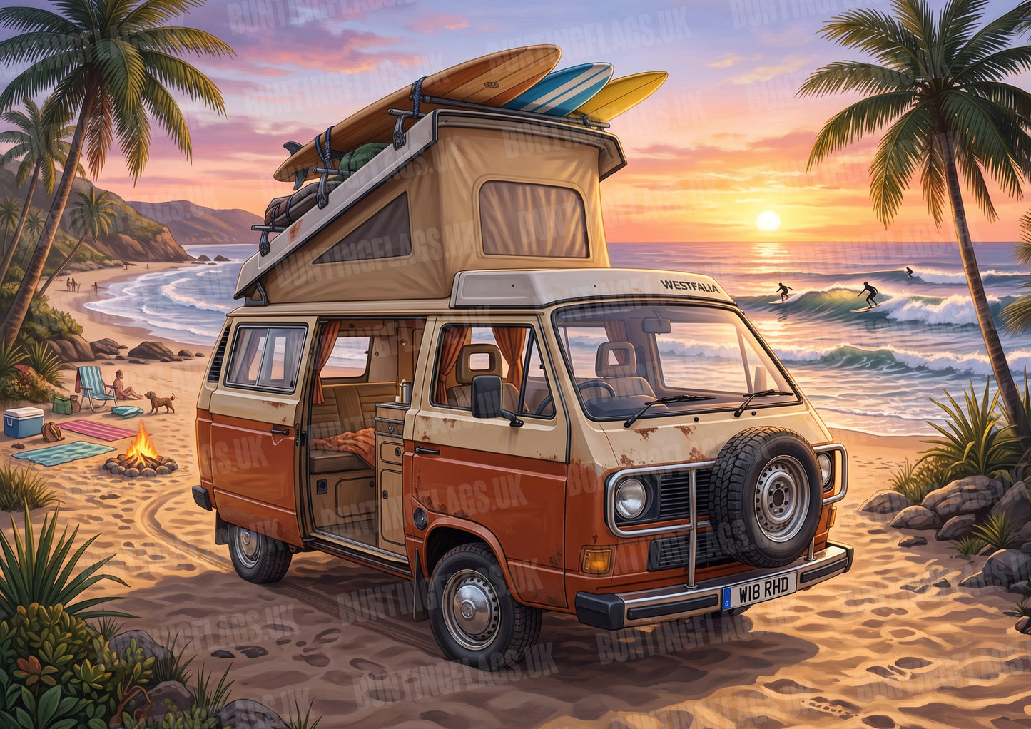 Dub Life – Westfalia Surf Camper at Sunset – Vintage Style Poster