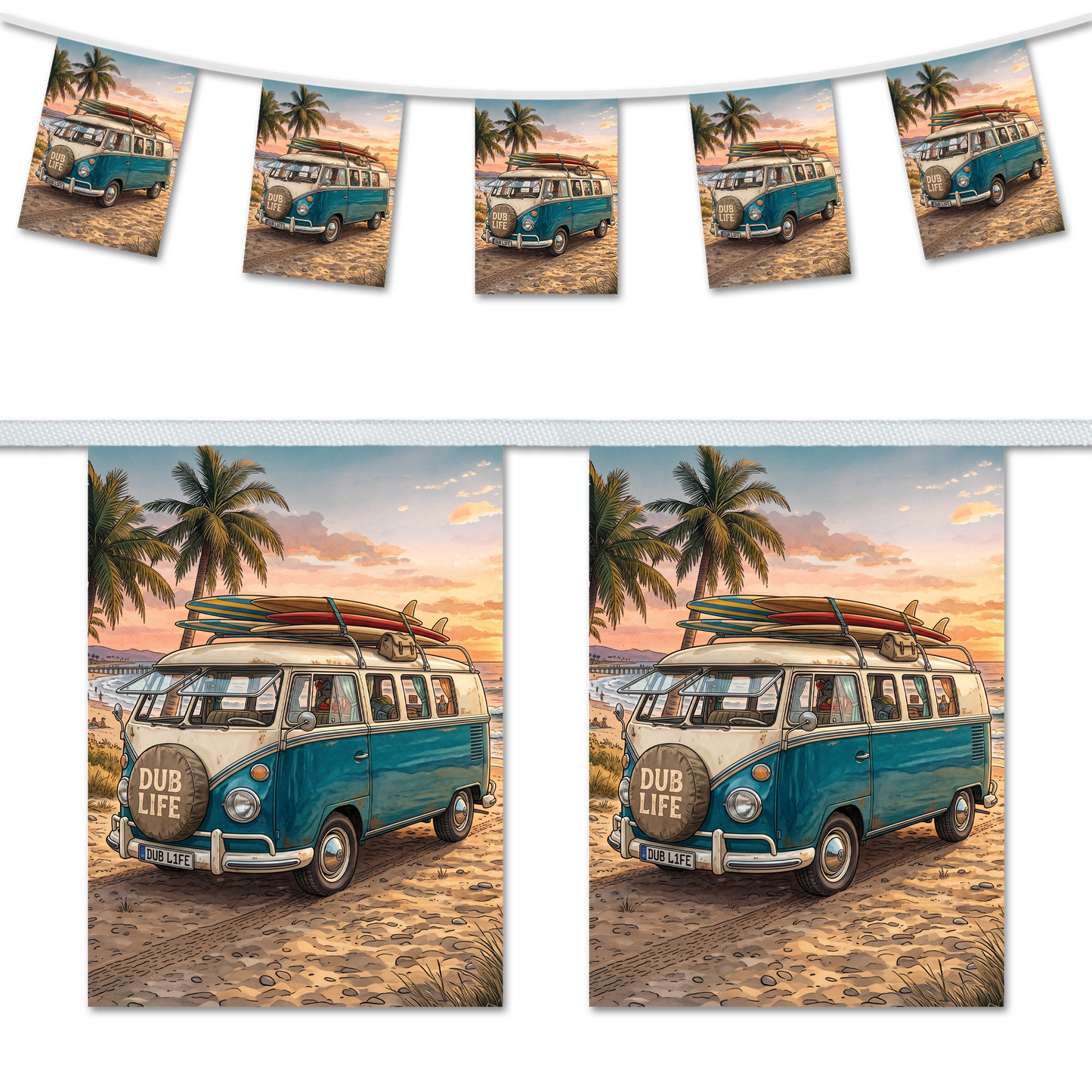 Dub Life – Blue T2 Surf Van at Sunset – A5 Bunting