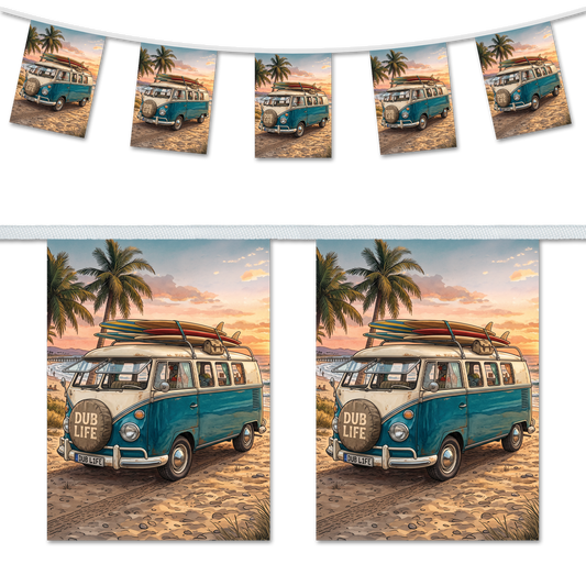 Dub Life – Blue T2 Surf Van at Sunset – A5 Bunting