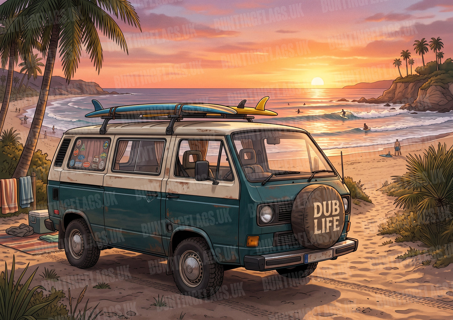 Dub Life – Teal Surf Van on the Beach at Sunset – Vintage Style Poster