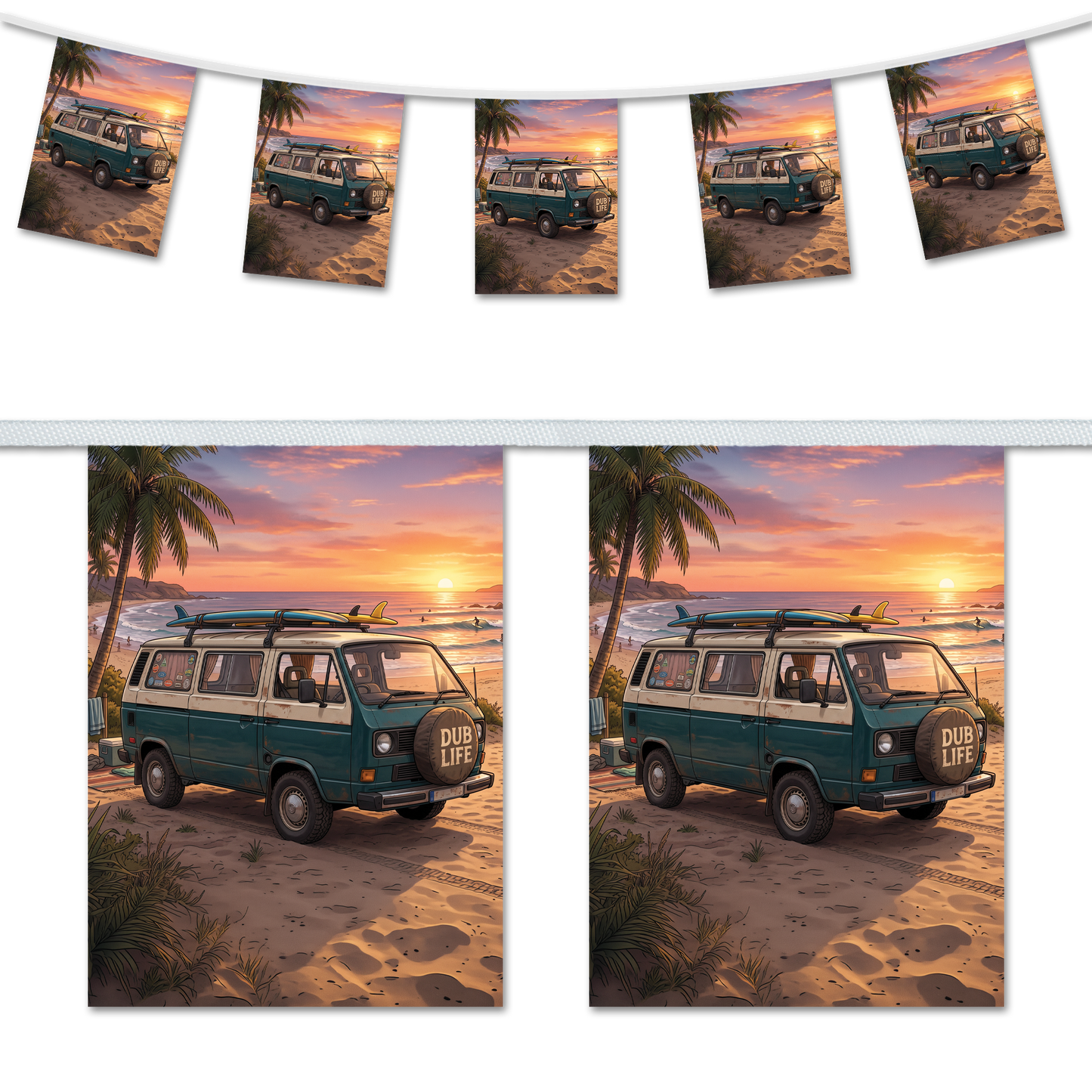 Dub Life – Blue T3 Surf Van at Sunset – A5 Bunting