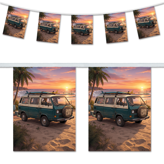 Dub Life – Blue T3 Surf Van at Sunset – A5 Bunting