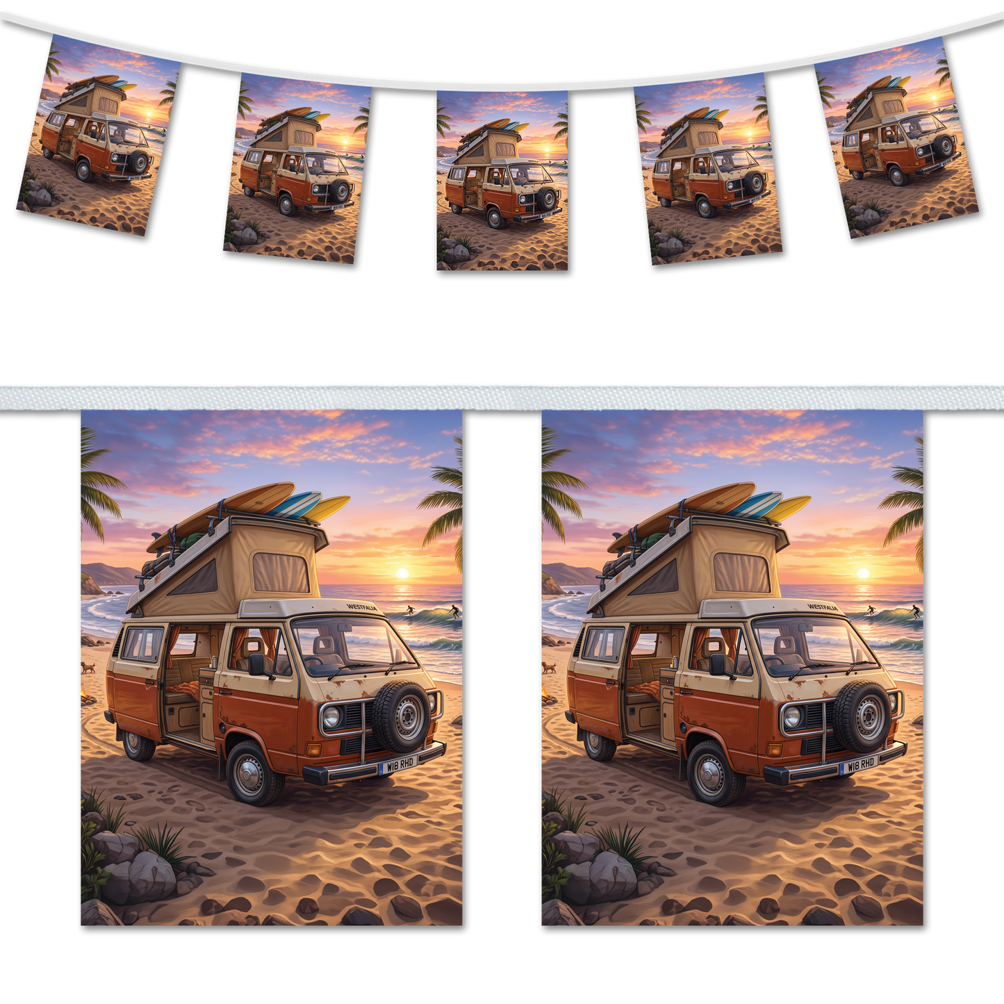 Dub Life – Westfalia T3 Surf Camper at Sunset – A5 Bunting