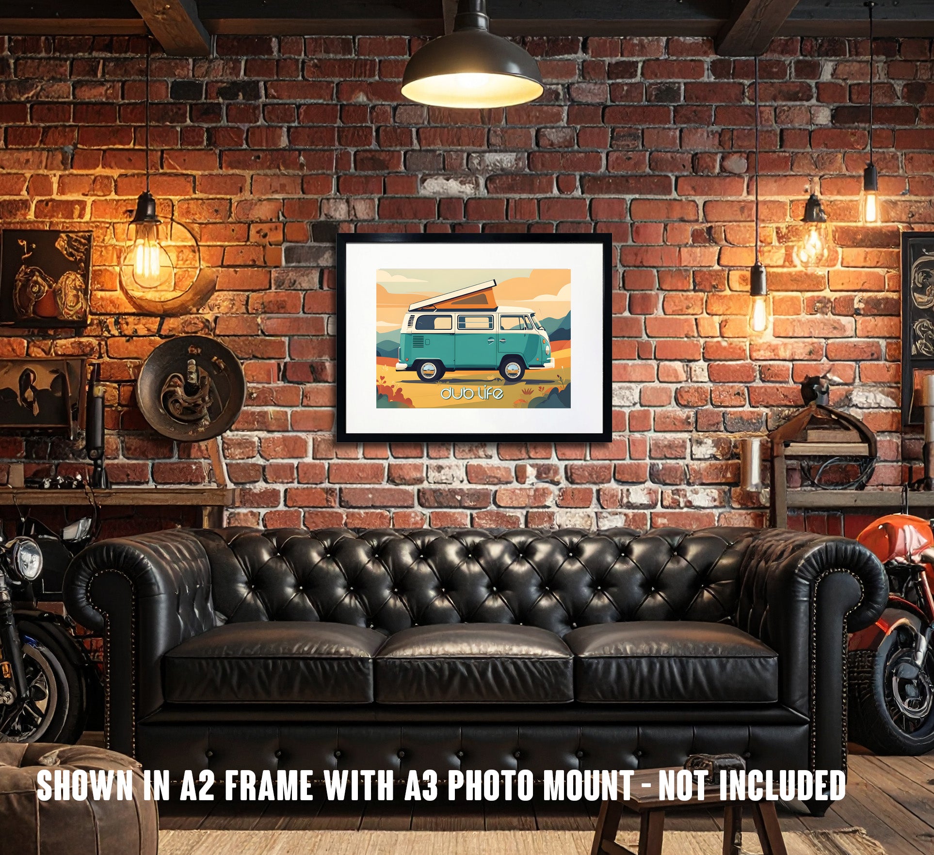Dub Life traditional Volkswagen camper van in a retro illustrated style