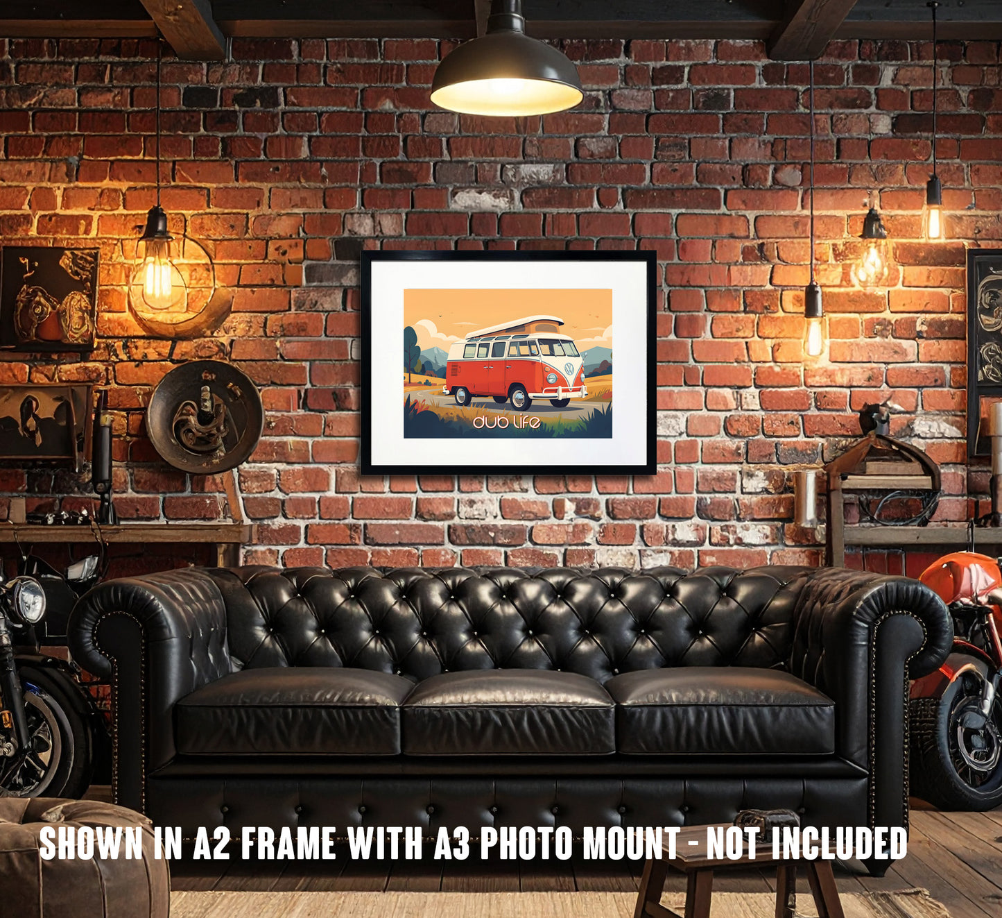 Dub Life traditional Volkswagen camper van in a retro illustrated style