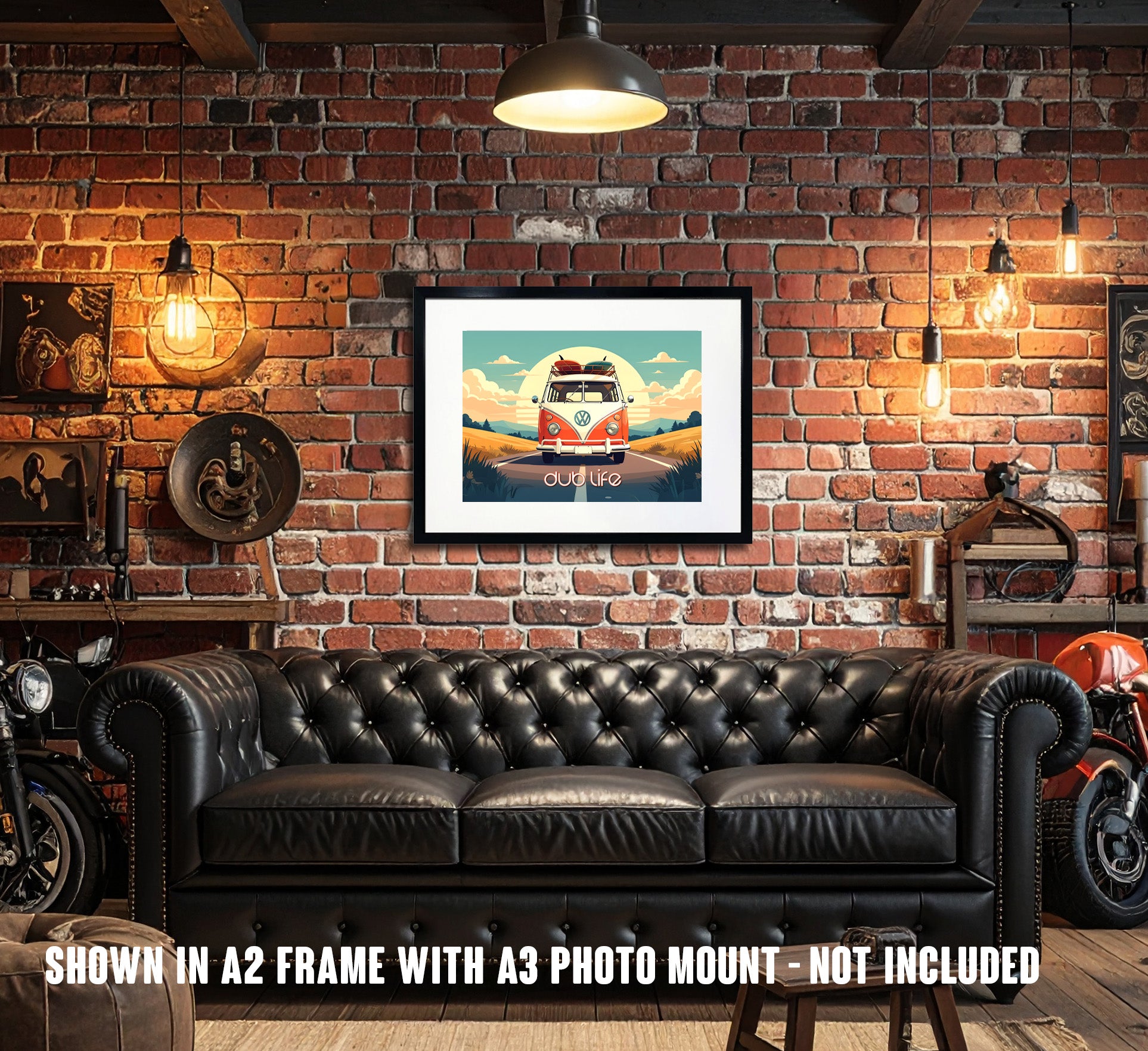 Dub Life traditional Volkswagen camper van in a retro illustrated style