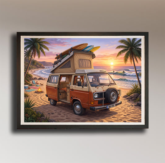Dub Life – Westfalia Surf Camper at Sunset – Vintage Style Poster