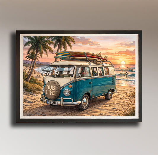 Dub Life – Blue Surf Van at Sunset – Vintage Style Poster
